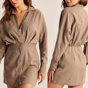 Abercrombie & Fitch Sz MT Brown‎ Linen Blend Collared Button Up Mini Shirt Dress